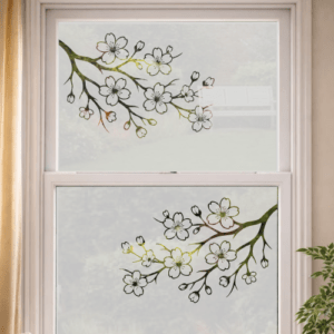 Vinilo esmerilado diseño de ramas de cerezo estilo oriental para privacidad.