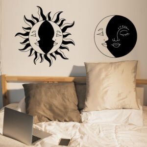 Vinilo de corte circular con diseño de sol y luna entrelazados estilo minimalista.