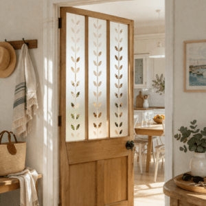 Vinilo esmerilado decorativo diseño Nativa para puertas y ventanas, patrón de hojas verticales que aporta privacidad y diseño