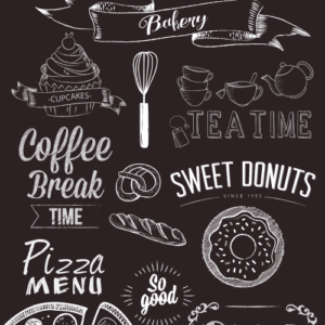 Vinilo para heladera diseño Menu: fondo negro estilo pizarra con ilustraciones de tizas blancas de comidas, platos y textos tipográficos de restaurante.