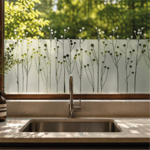 Vinilo esmerilado para ventana con diseño de ramas minimalistas “Brotes al Viento”, solución decorativa que brinda privacidad y luz en cocinas, baños y ambientes modernos.