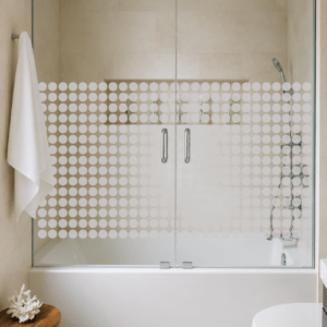 Mampara de vidrio con esmerilado a lunares, ideal para baños modernos y luminosos.